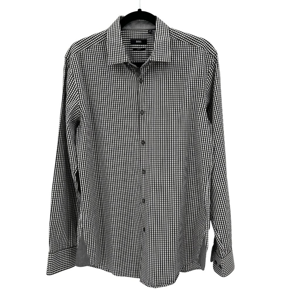 Hugo Boss Mens Slim Fit Black White Gingham Long Sleeve Dress Shirt 16.5/42